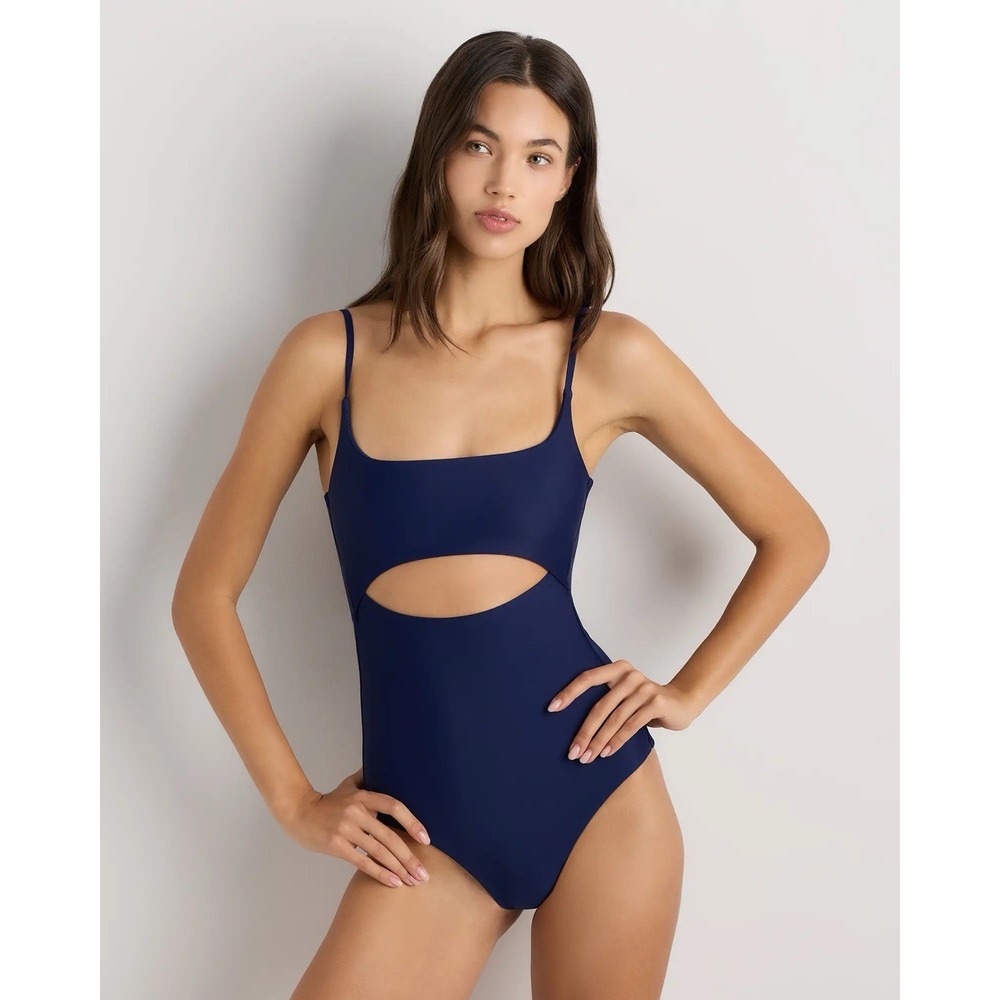 NWT Quince Deep Navy Blue Italian Cut Out One-Piece Swimsuit Sz Large